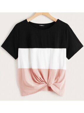 Colorblock Knot Front T-shirt Sporty Athleisure Short Sleeve Grunge Streetwear S